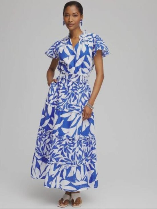 Chico's Dresses & Skirts - Chico's Flutter Sleeved Cobalt Blue and White Maxi Dress